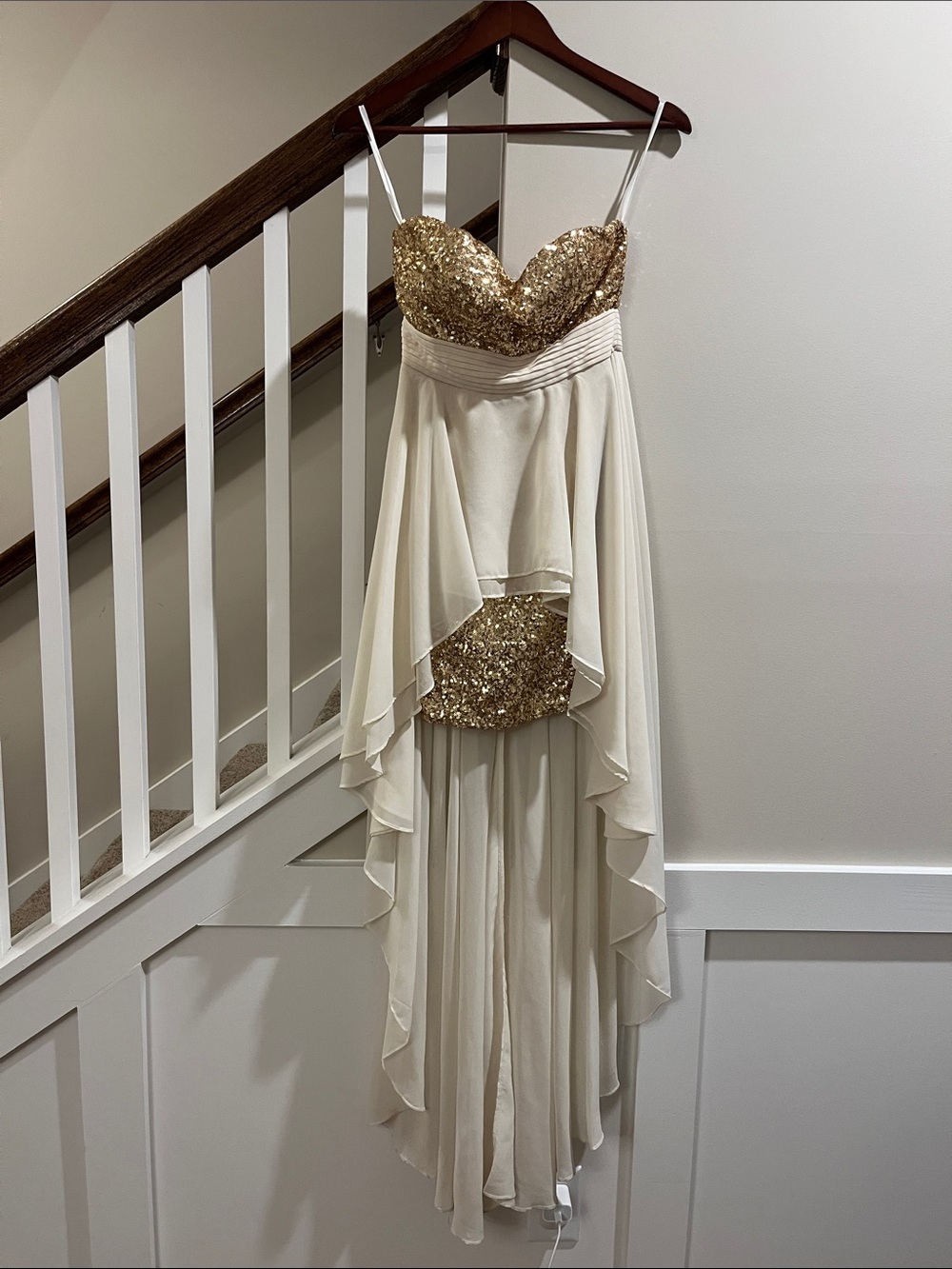 Minuet Petite Ivory Chiffon High-Low Dress with Gold Sequin Bodice